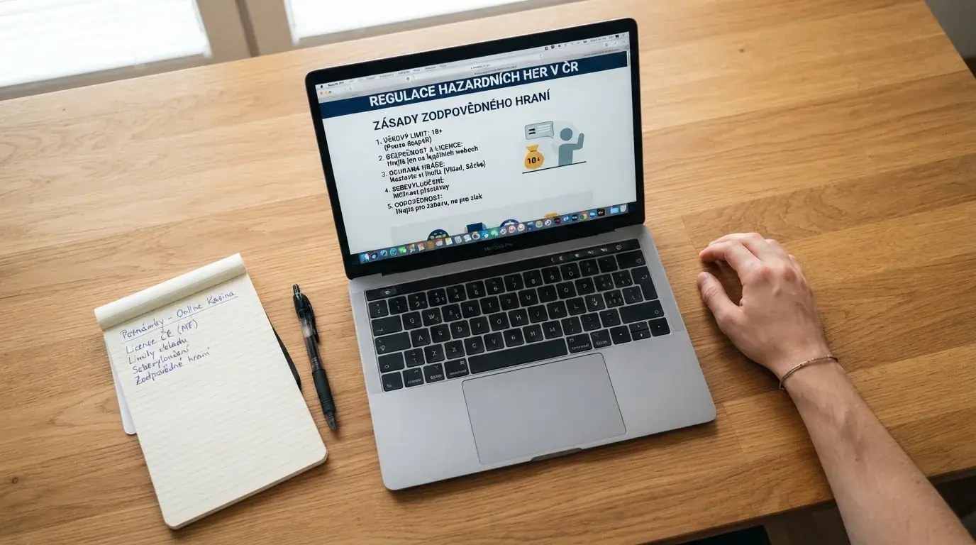 Člověk u notebooku čte informační stránku o online hazardu v Česku — 30, 50, 100, 150 free spinů bez vkladu