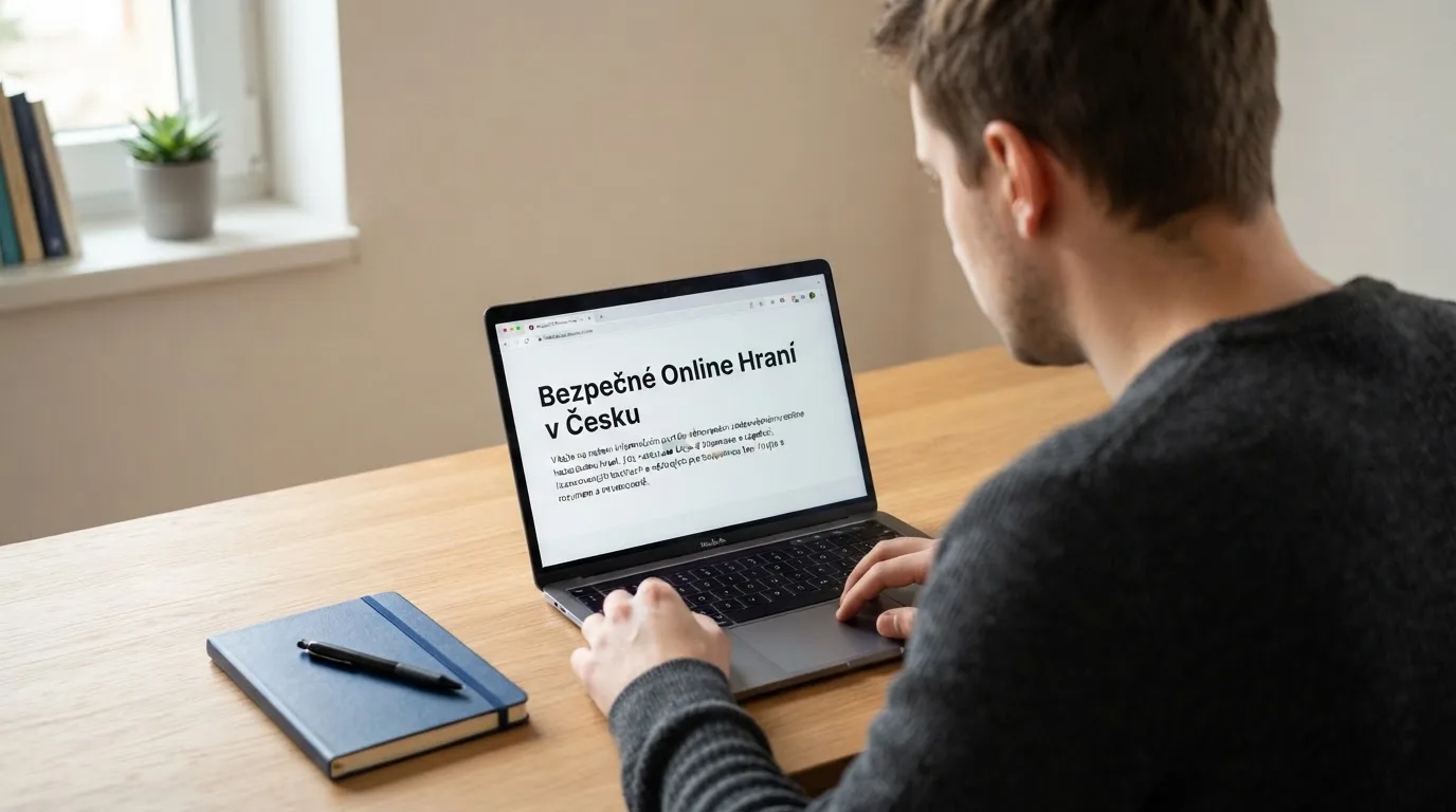 Člověk u notebooku čte informační stránku o online hazardu v Česku — 50, 100, 150, 200 free spins za první vklad