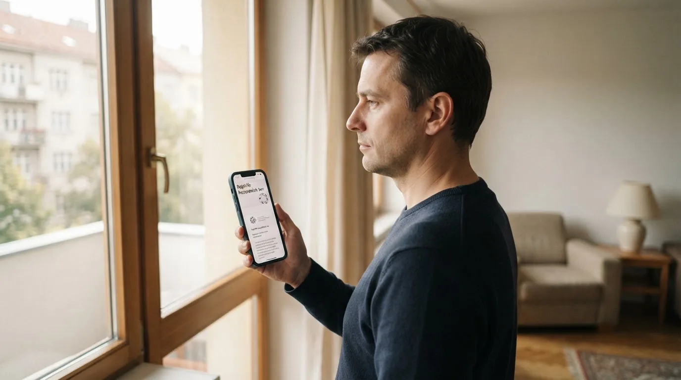 Muž v obývacím pokoji drží telefon a zamyšleně hledí z okna za dne.