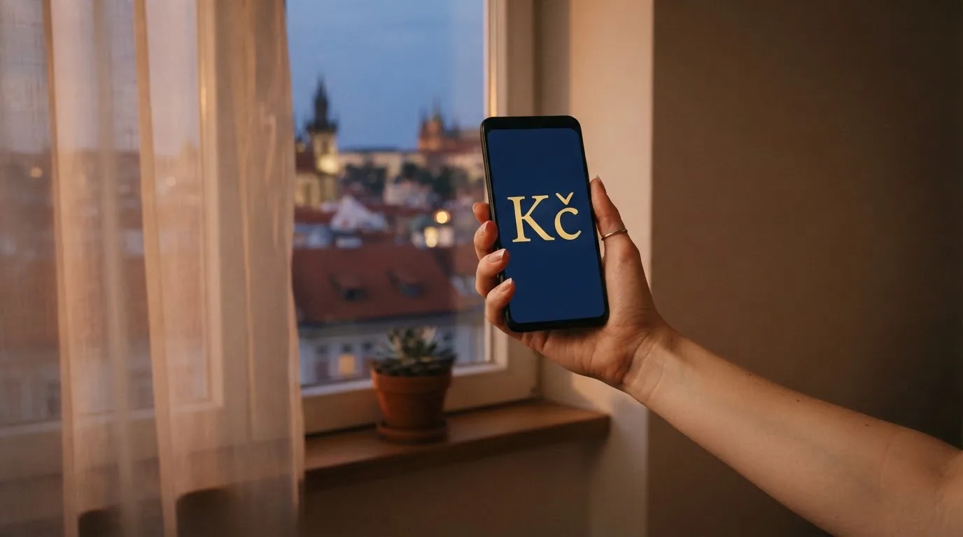 Ruka drží chytrý telefon u okna, klidné večerní světlo — bezpečné zahraniční casino pro české hráče