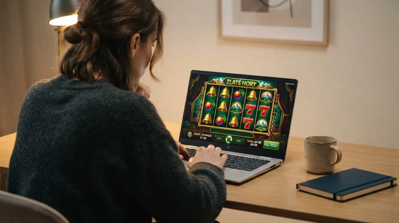 Člověk u notebooku čte informační stránku o online hazardu v Česku — bezpečné zahraniční casino pro české hráče