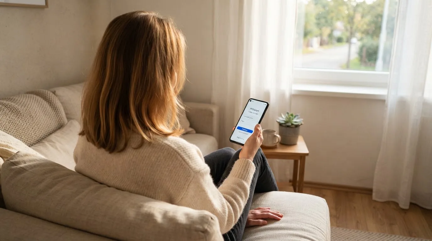 Žena v obývacím pokoji drží telefon a zamyšleně hledí z okna za dne.