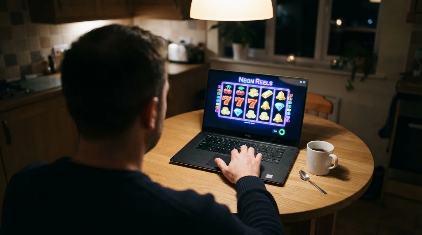 Muž u kuchyňského stolu s notebookem a hrnkem kávy soustředěně sleduje obrazovku.