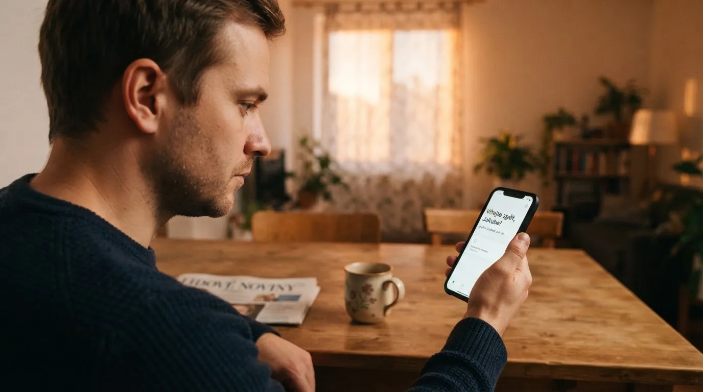 Muž sedí u stolu a poprvé otevírá aplikaci na chytrém telefonu v podvečer.