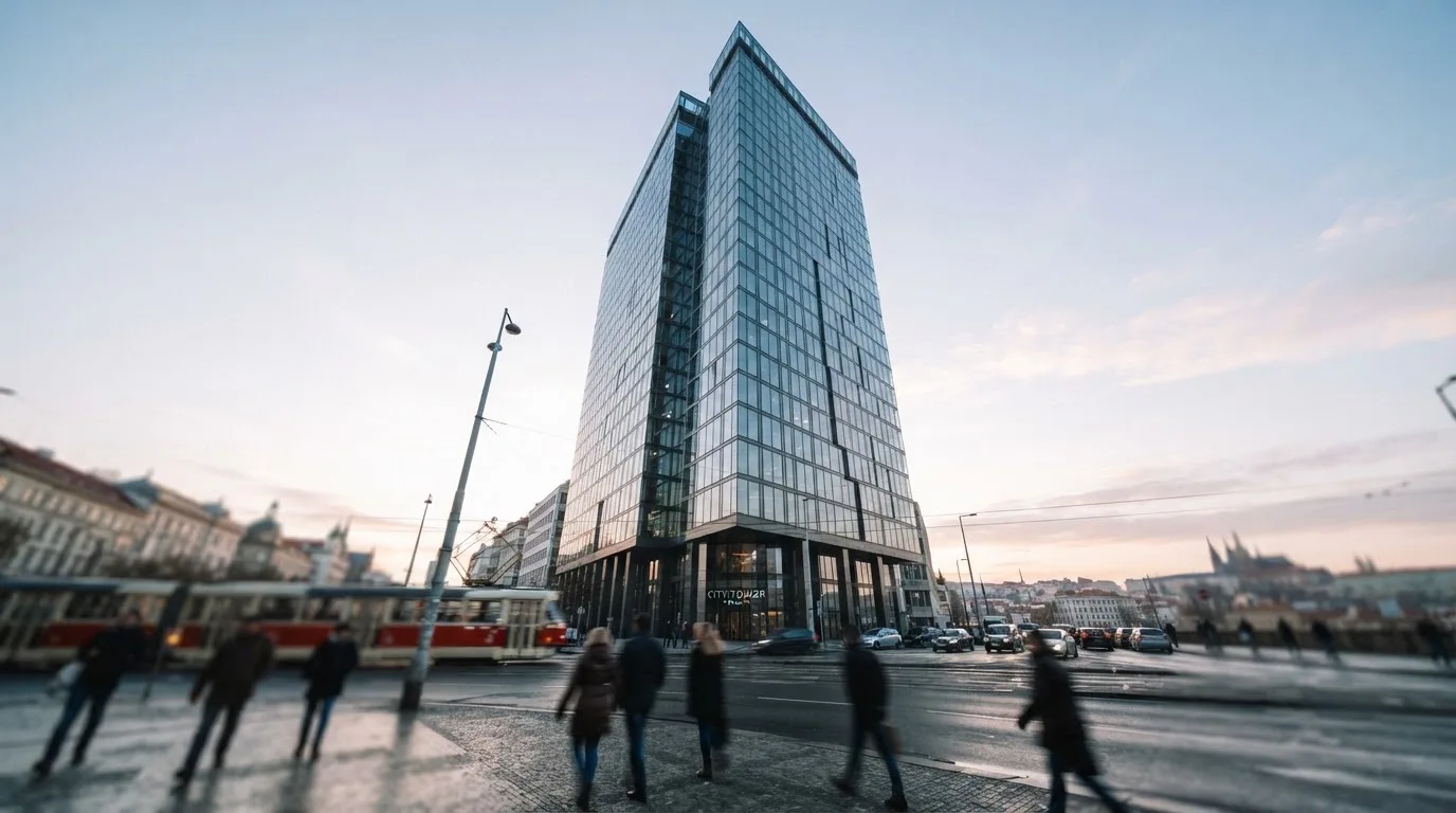 Fasáda moderní administrativní budovy s skleněnými okny odráží ranní oblohu nad rušnou pražskou ulicí.