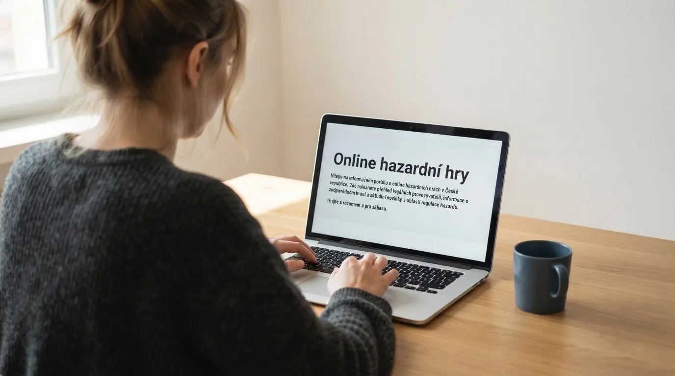 Člověk u notebooku čte informační stránku o online hazardu v Česku — casino minimální vklad 1, 5, 10 euro