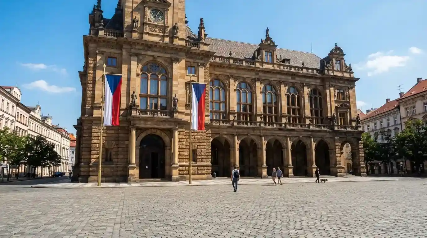 Historická úřední budova s vlajkami na slunečném náměstí — casino platba paysafecard