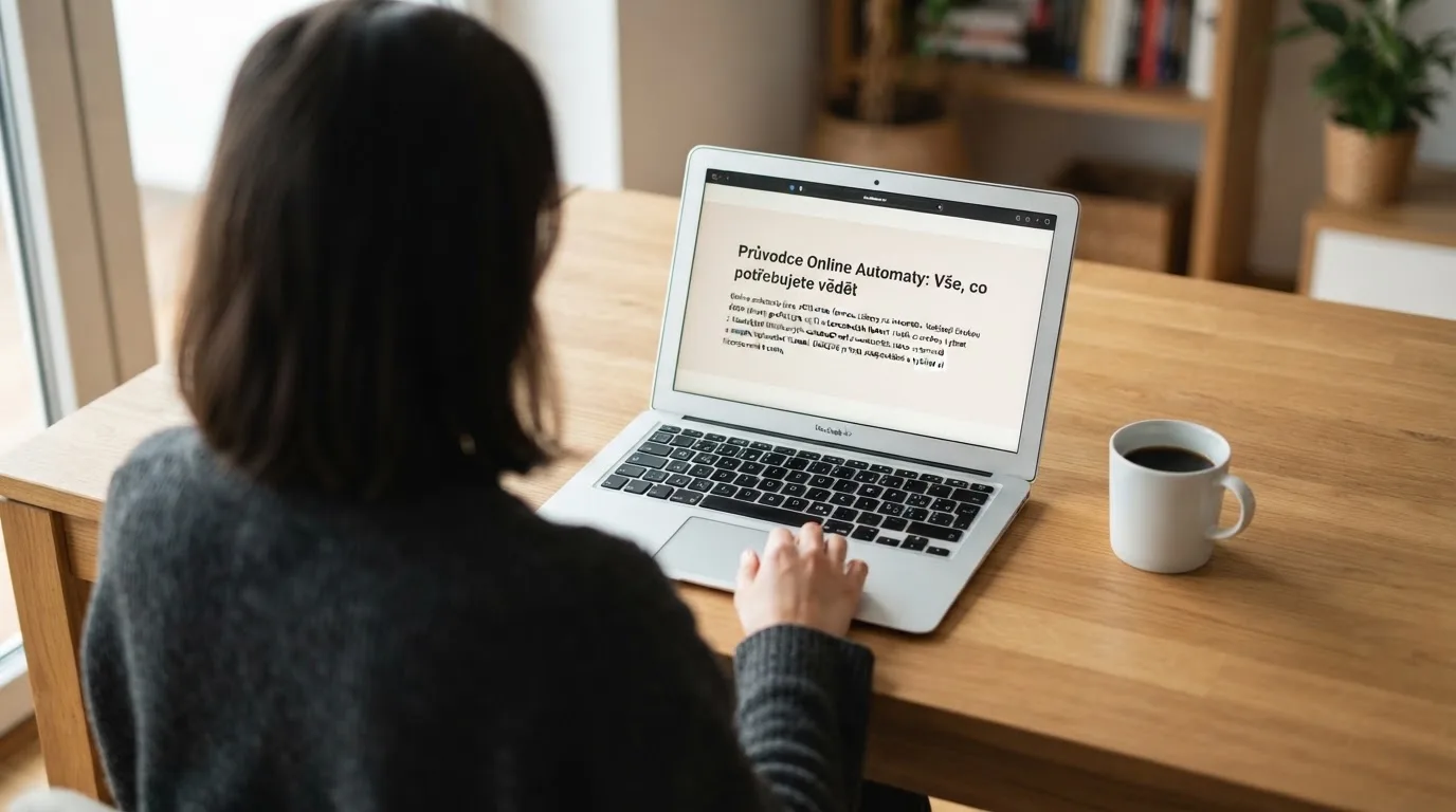 Člověk u notebooku čte informační stránku o online hazardu v Česku — hrací automaty hrací automaty zdarma online