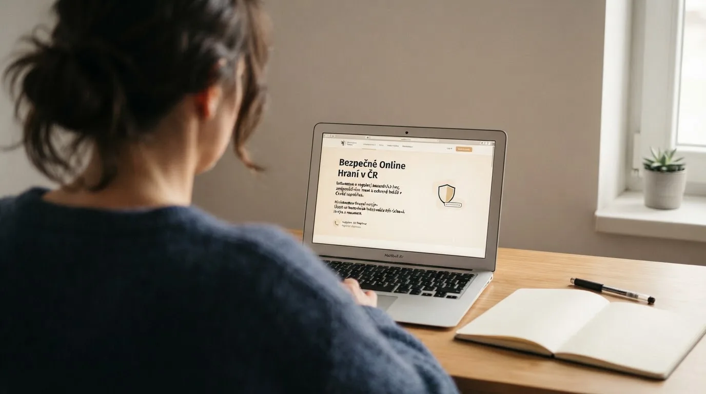 Člověk u notebooku čte informační stránku o online hazardu v Česku — hrací automaty zdarma ke stažení