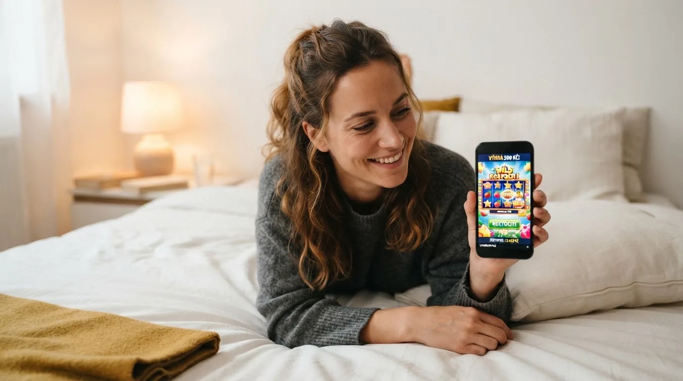 Žena na posteli drží telefon oběma rukama a soustředěně zkouší hru na displeji.