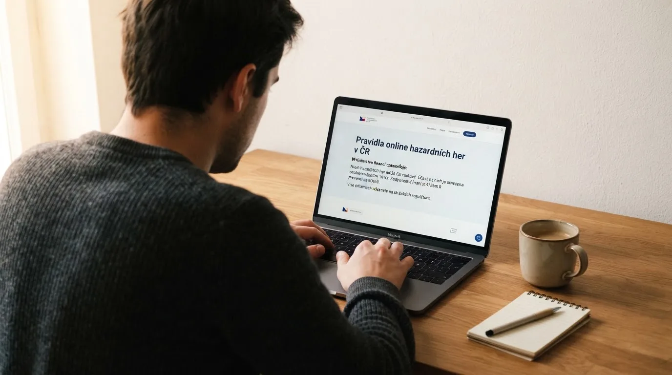 Člověk u notebooku čte informační stránku o online hazardu v Česku — live blackjack pro české hráče