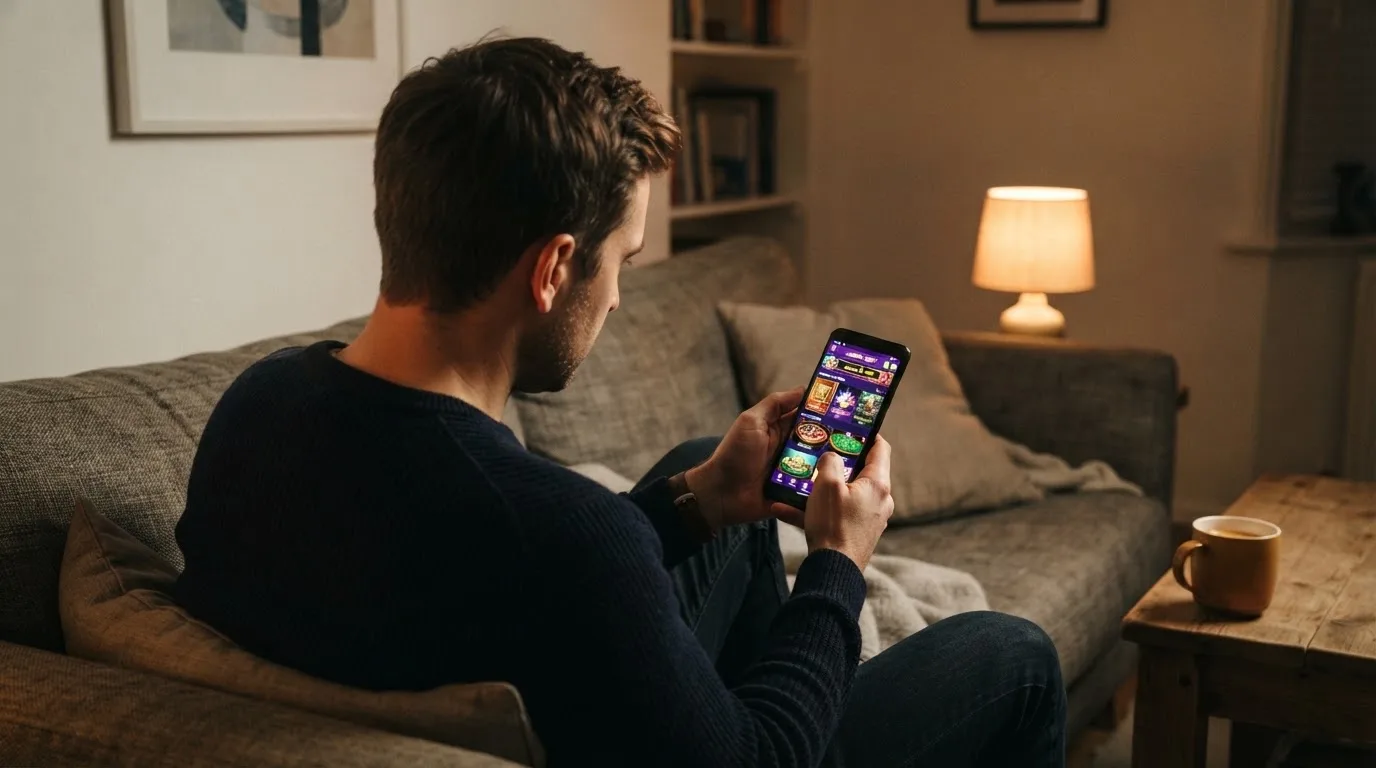 Muž sedí na gauči a poprvé otevírá aplikaci na chytrém telefonu večer.