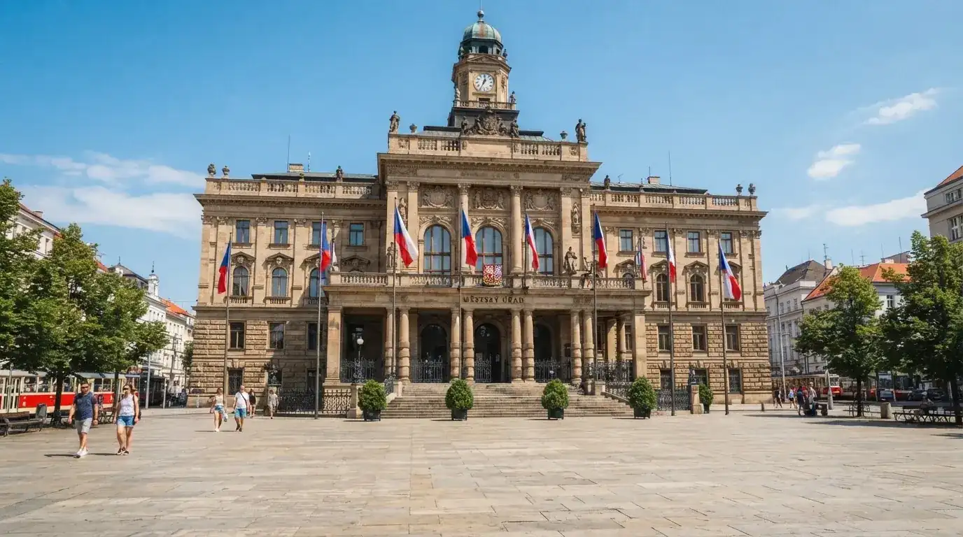 Historická úřední budova s vlajkami na slunečném náměstí — nejlepší automaty online za peníze