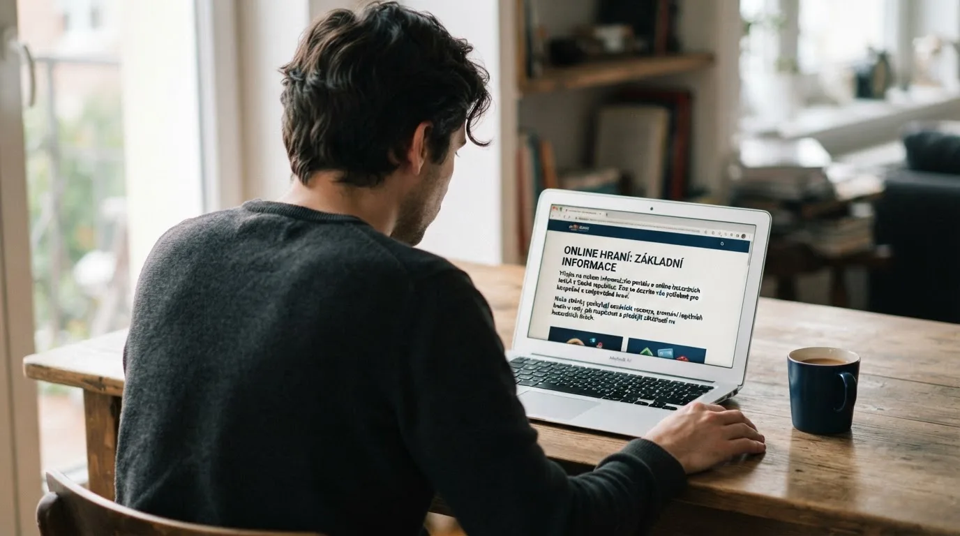 Člověk u notebooku čte informační stránku o online hazardu v Česku — nejlepší automaty online za peníze