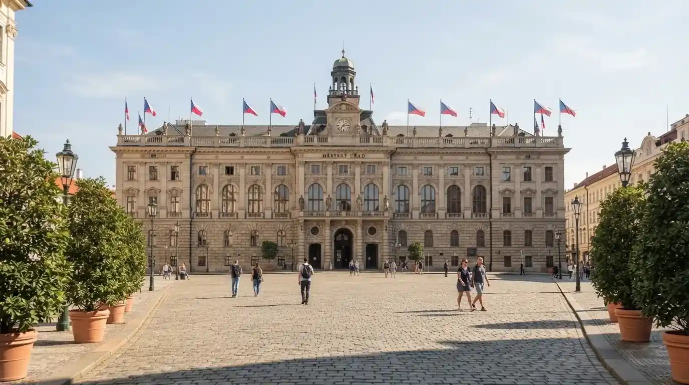 Historická úřední budova s vlajkami na slunečném náměstí — nejlepší krypto casino pro české hráče