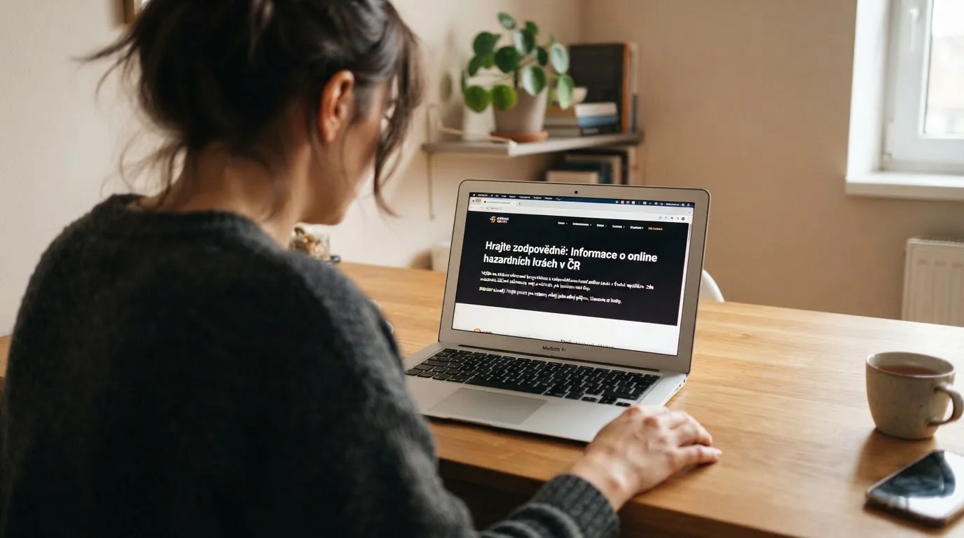Člověk u notebooku čte informační stránku o online hazardu v Česku — nejlepší krypto casino pro české hráče