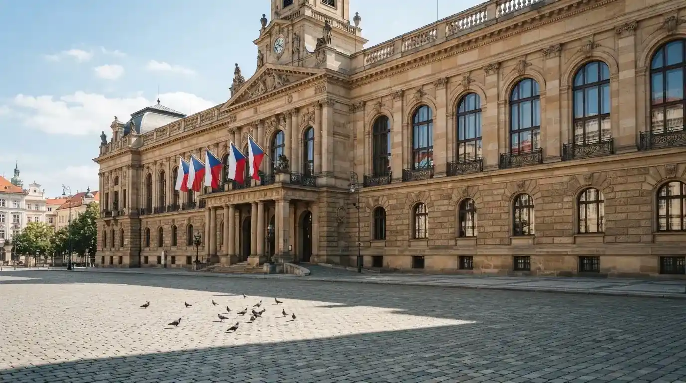 Historická úřední budova s vlajkami na slunečném náměstí — nejlepší live casino CZ