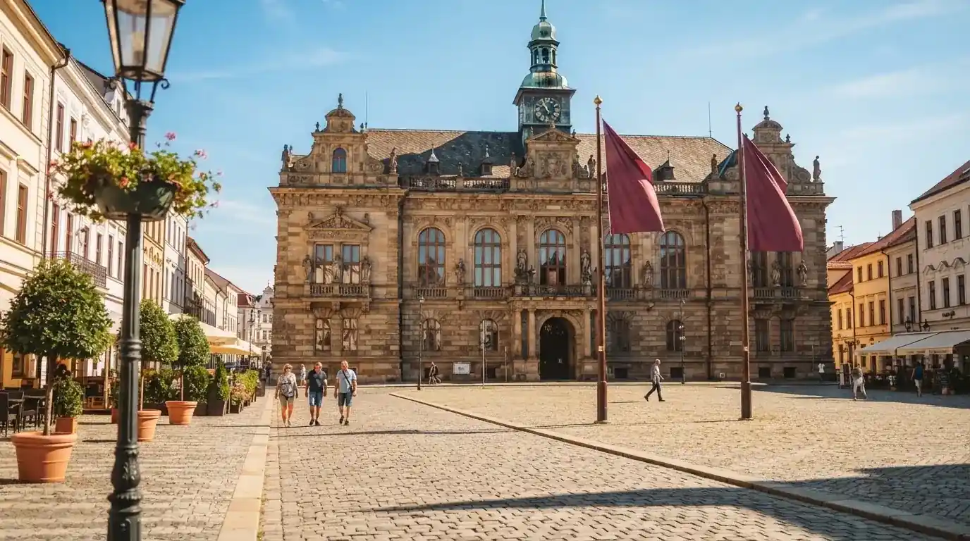 Historická úřední budova s vlajkami na slunečném náměstí — nejlepší mobilní online kasino česká republika