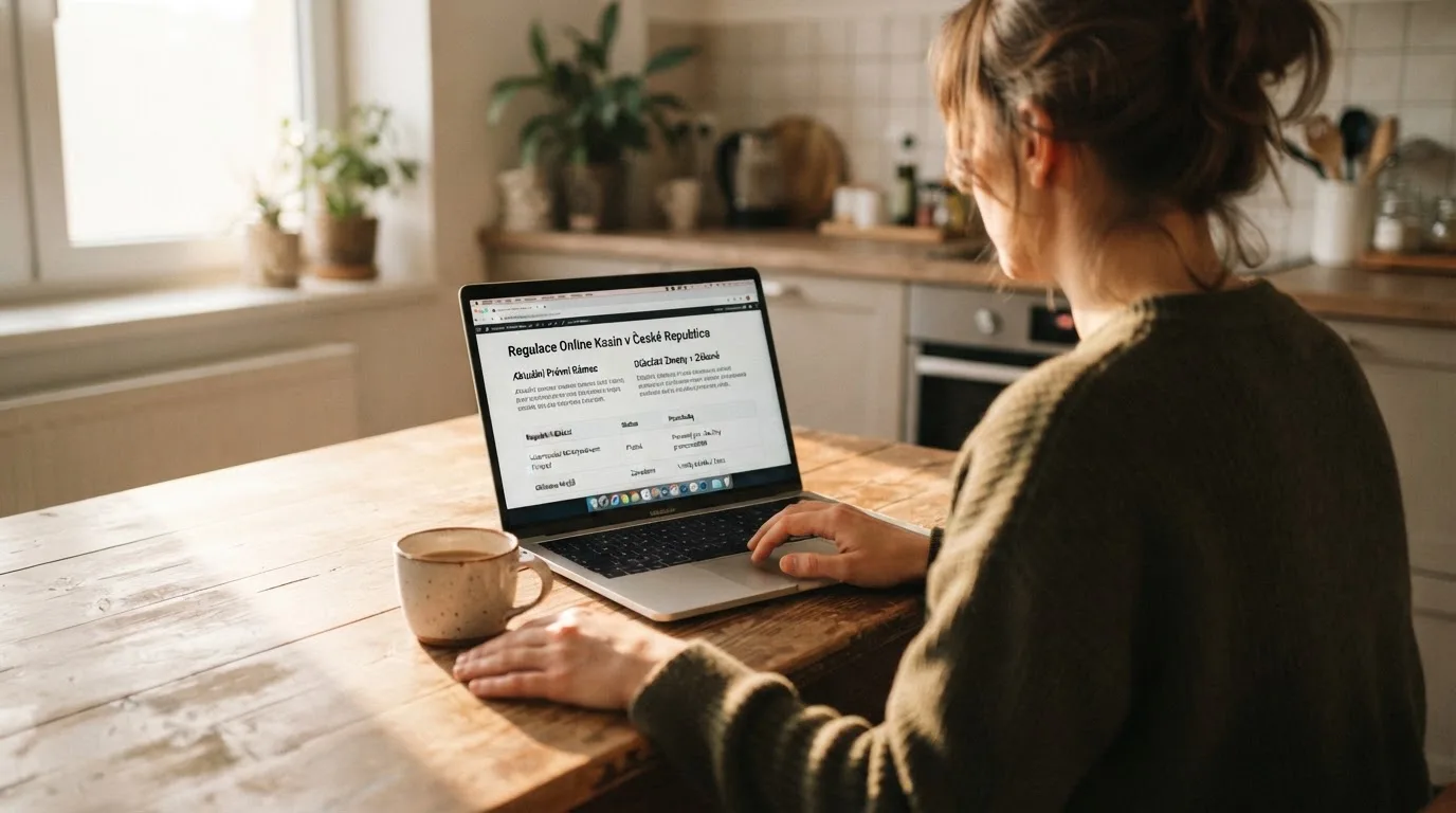 Člověk u notebooku čte informační stránku o online hazardu v Česku — nejlepší online casino CZ