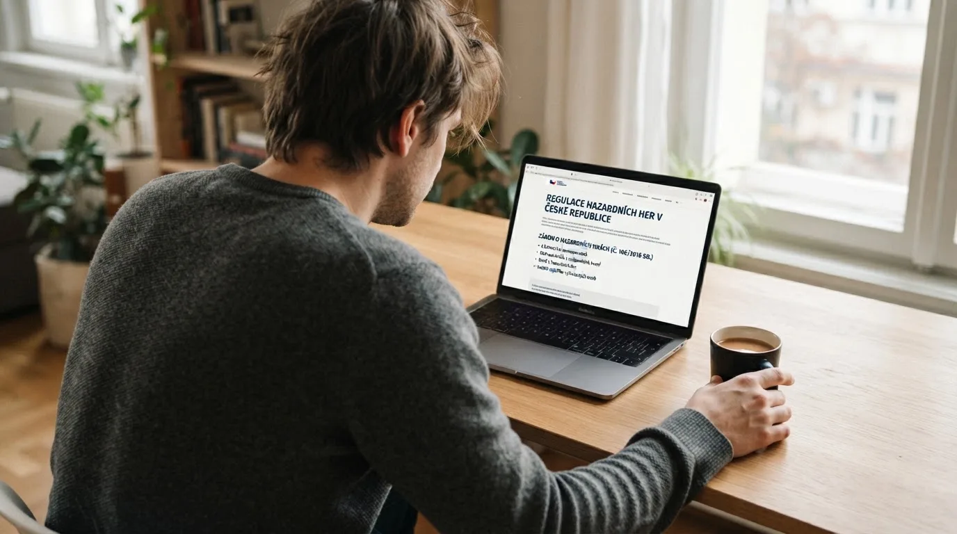 Člověk u notebooku čte informační stránku o online hazardu v Česku — nejlepší online casino s vkladem přes bitcoin