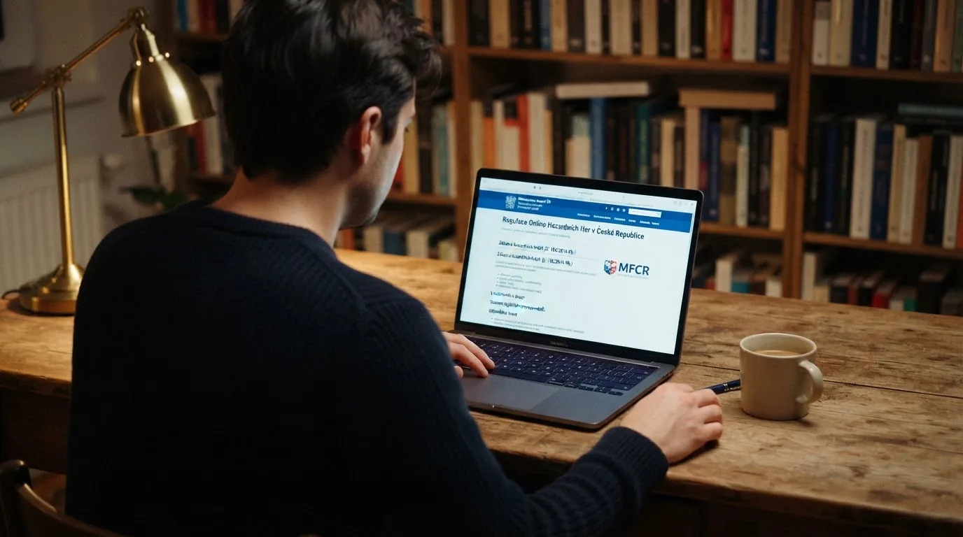 Člověk u notebooku čte informační stránku o online hazardu v Česku — nejlepší online casino za peníze